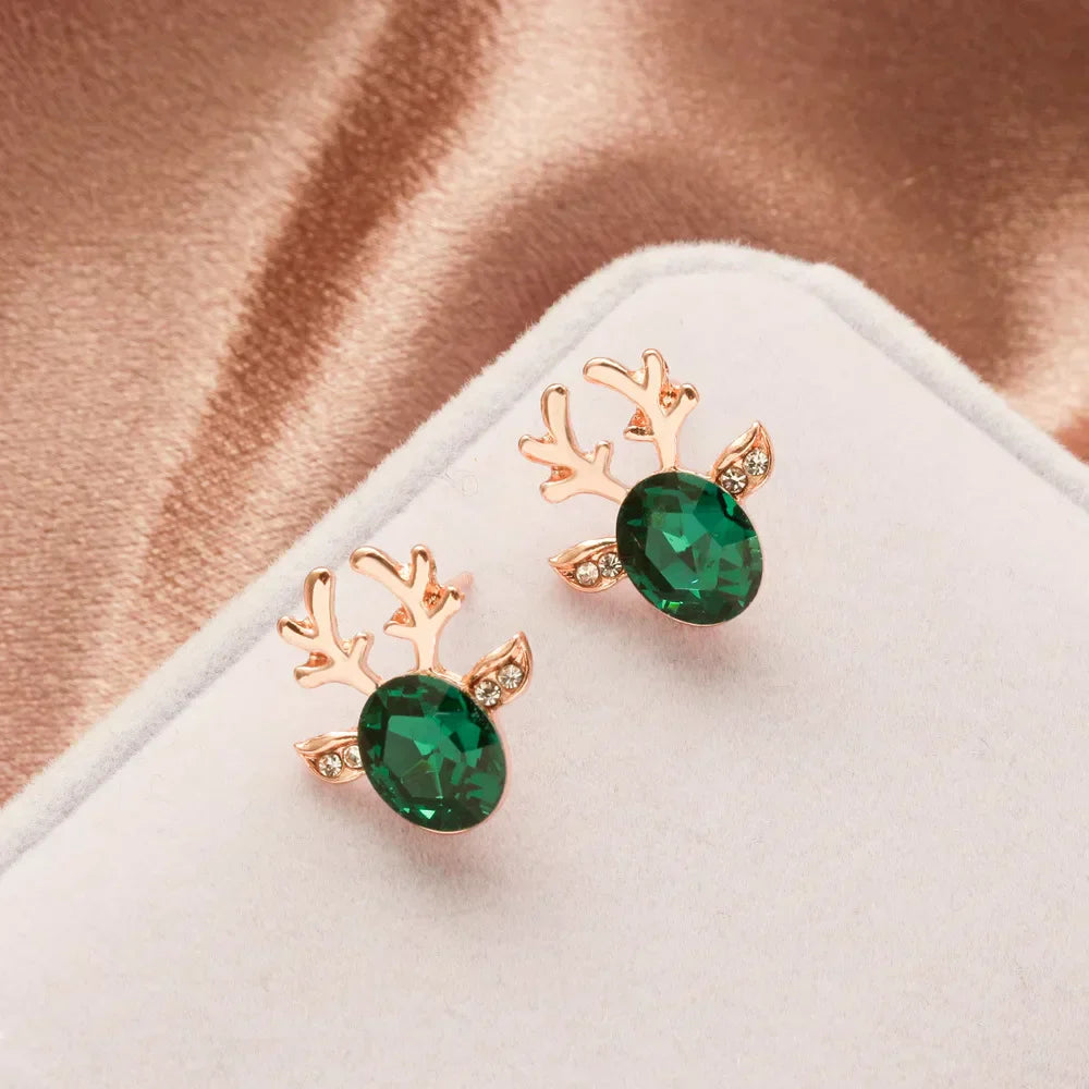Pendientes festivos con forma de reno con brillantes piedras de cristal ovaladas y purpurina