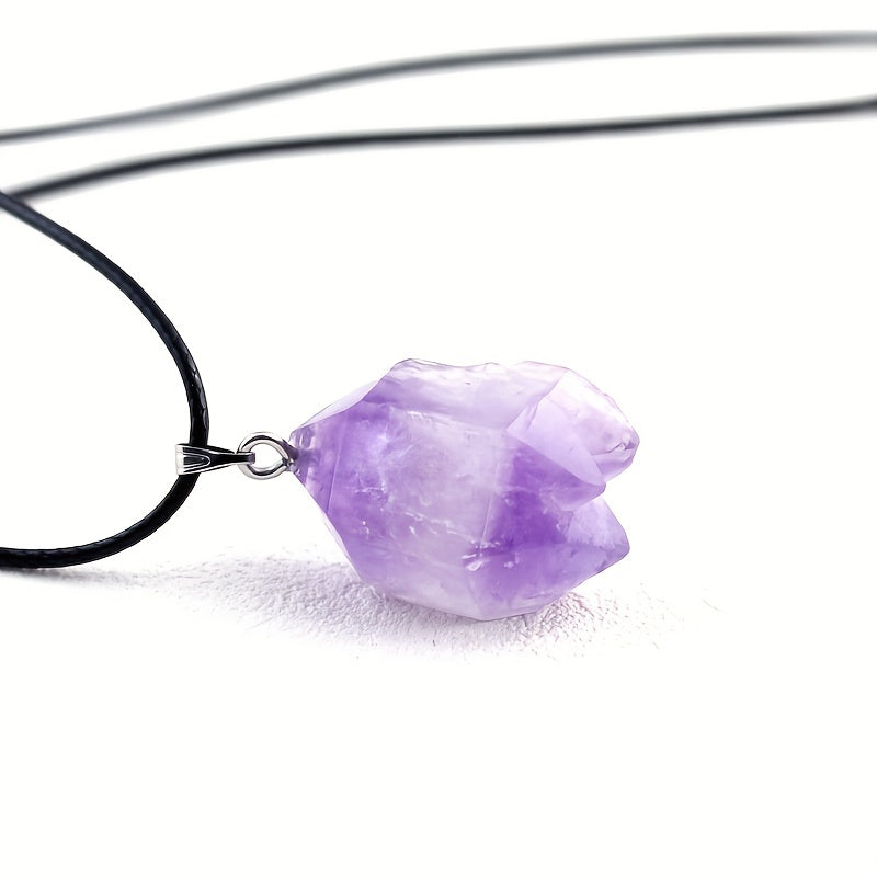 Collar con colgante de cristal de piedra cruda de amatista natural, cordón de cuero