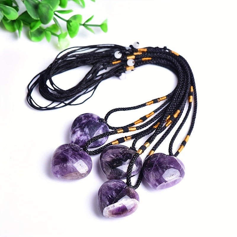 Collar de corazón de amatista natural con cuerda ajustable y colgante de piedras preciosas