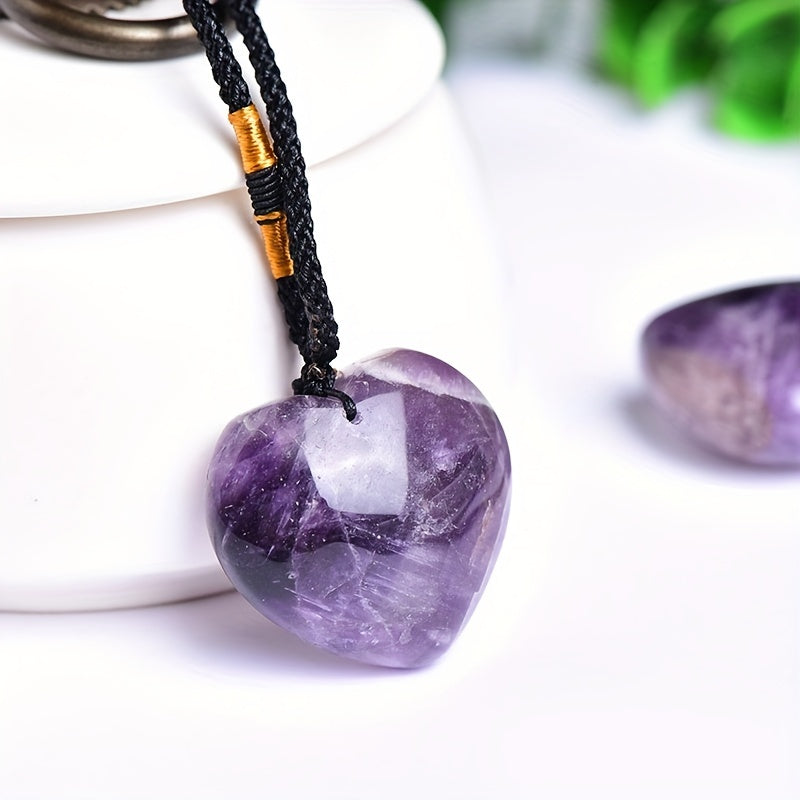 Collar de corazón de amatista natural con cuerda ajustable y colgante de piedras preciosas
