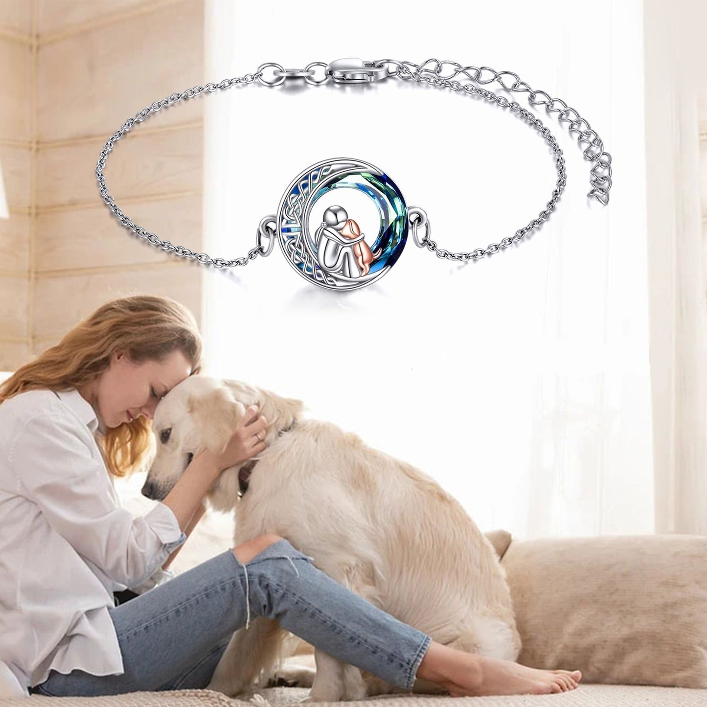Pulsera abrazando a un perro humano con una brillante piedra lunar y una celta desnuda