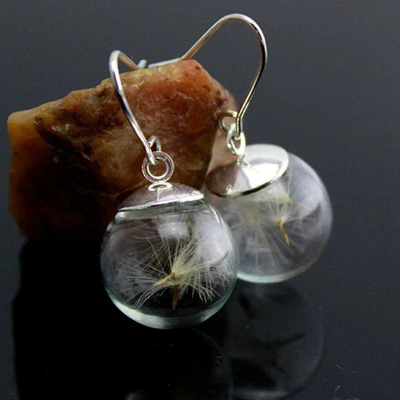 Pendientes de bola de cristal de semilla de diente de león hechos a mano para mujer