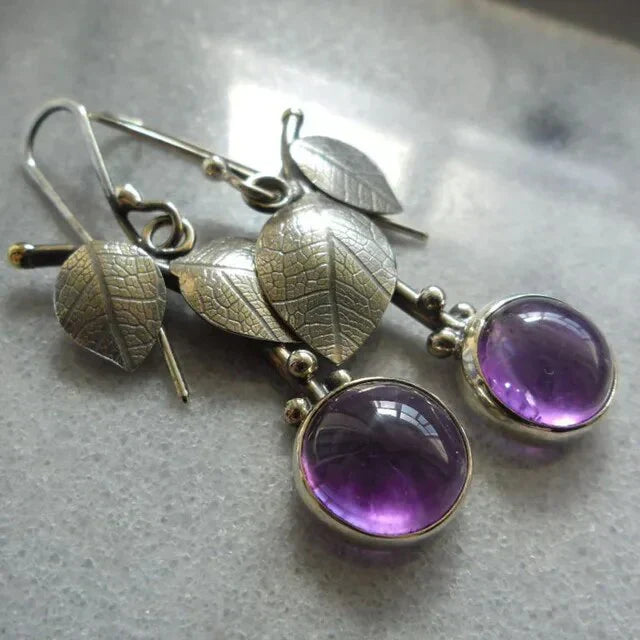 Pendientes de Amatista con Motivo de Hojas y Cristal Morado Vintage