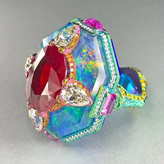 Anillo Vintage de Acero Inoxidable con Piedras Multicolor