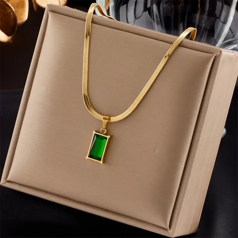 Elegante conjunto de joyería verde esmeralda: colgante rectangular y pendientes a juego