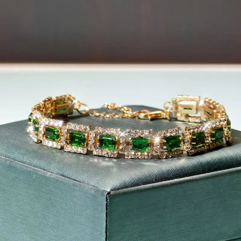 Pulsera glamorosa con circonita verde Esmeralda y cristales brillantes
