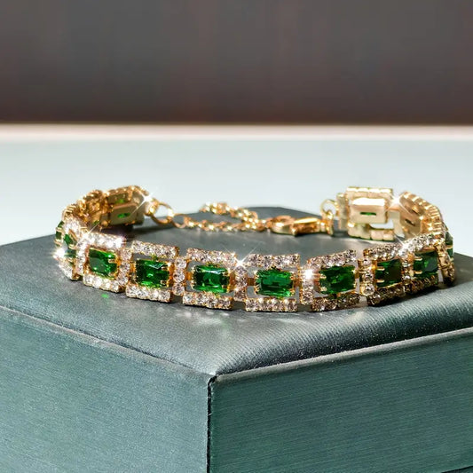 Pulsera glamorosa con circonita verde Esmeralda y cristales brillantes