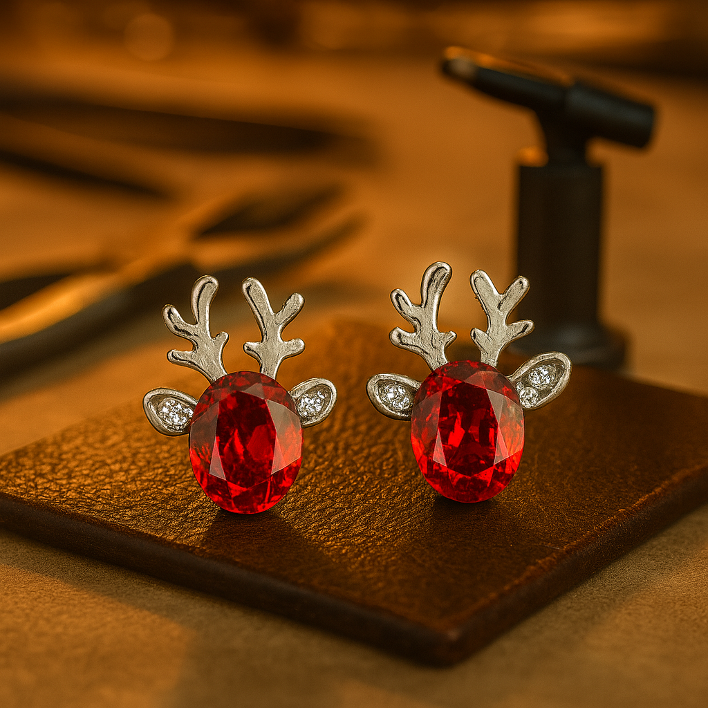 Pendientes festivos con forma de reno con brillantes piedras de cristal ovaladas y purpurina