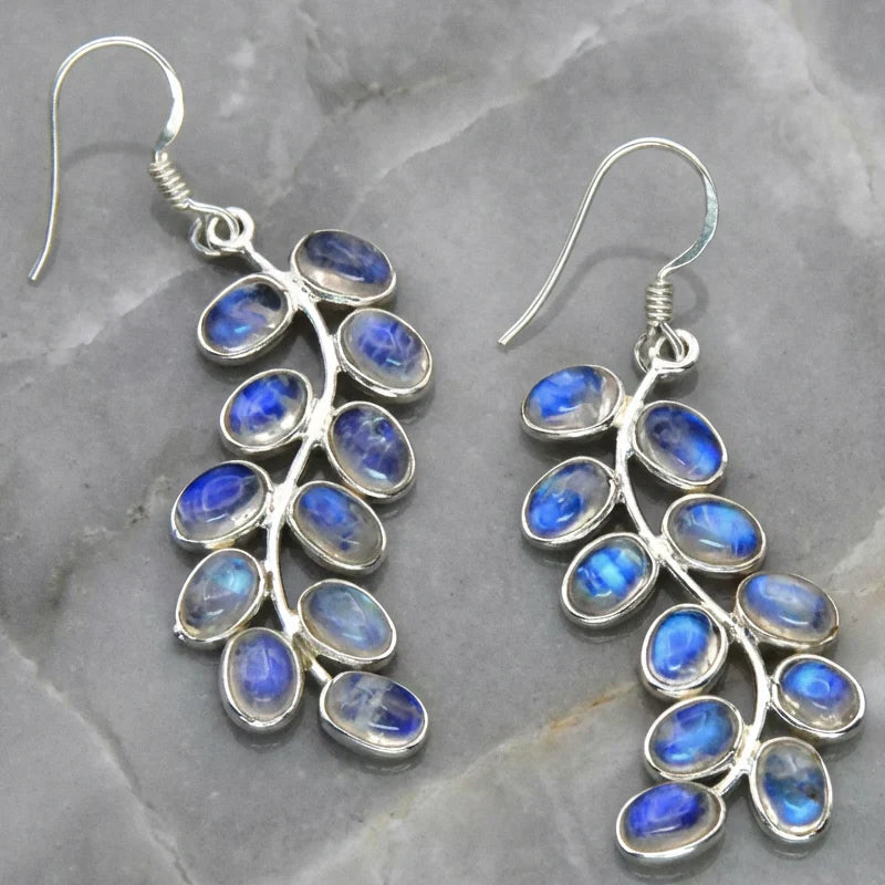 Pendientes colgantes de hojas de piedra lunar azul en estilo vintage