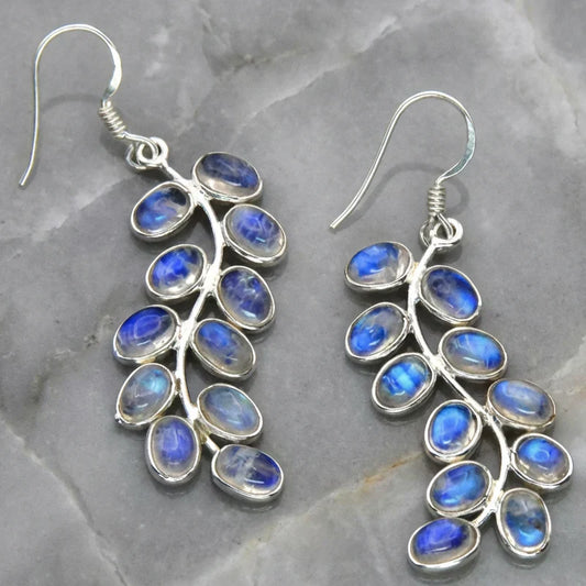 Pendientes colgantes de hojas de piedra lunar azul en estilo vintage