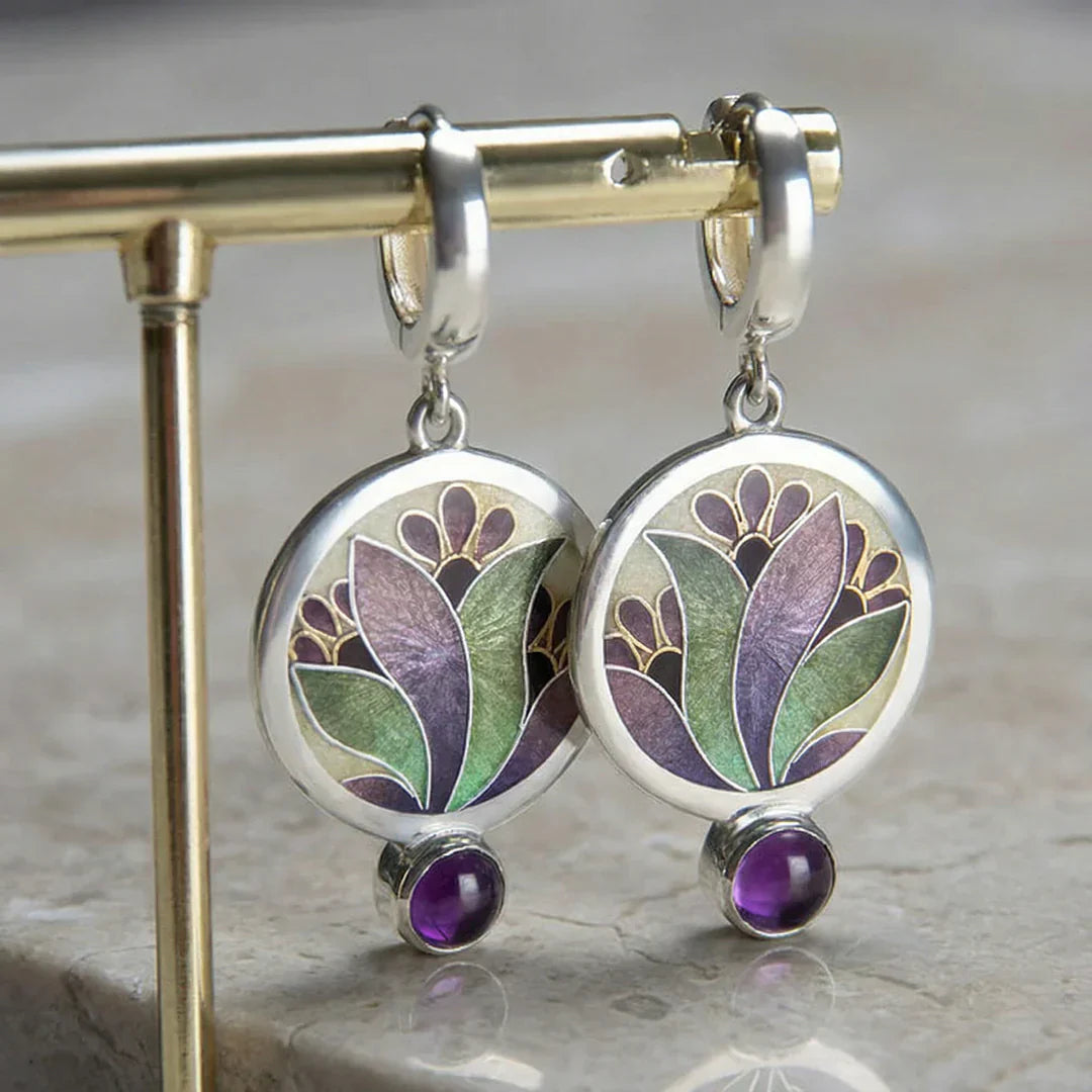 Pendientes Boho Cristal Esmaltado Morado con Piedras Preciosas Amatista