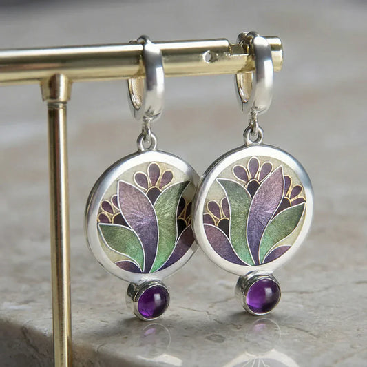 Pendientes Boho Cristal Esmaltado Morado con Piedras Preciosas Amatista