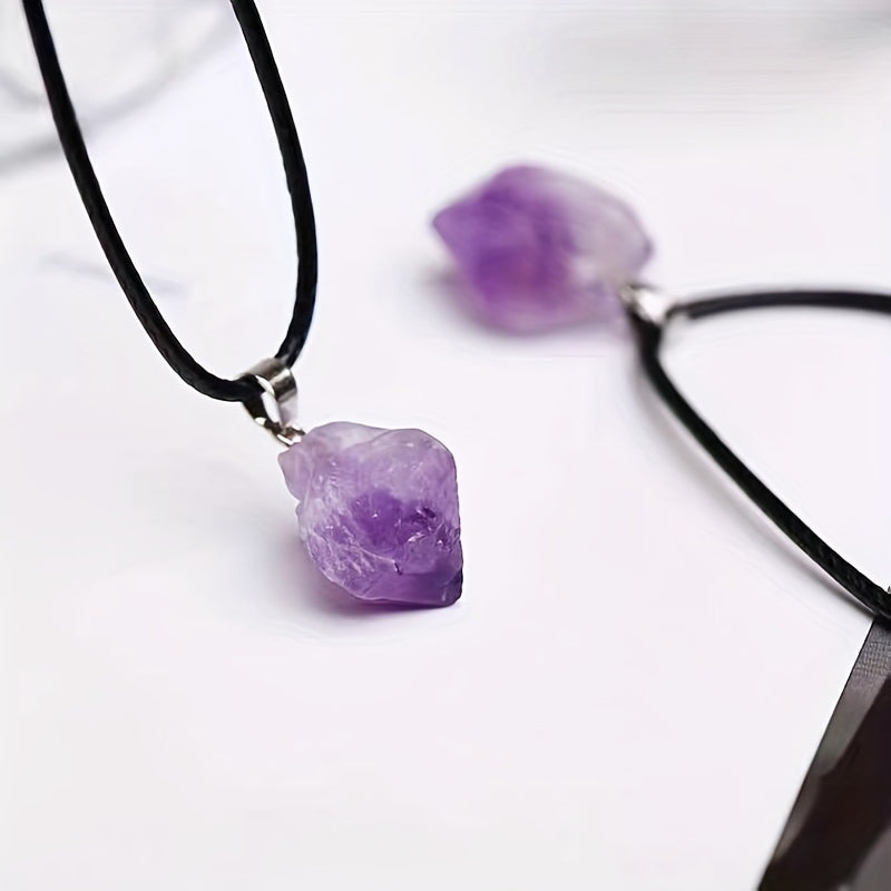 Collar con colgante de cristal de piedra cruda de amatista natural, cordón de cuero