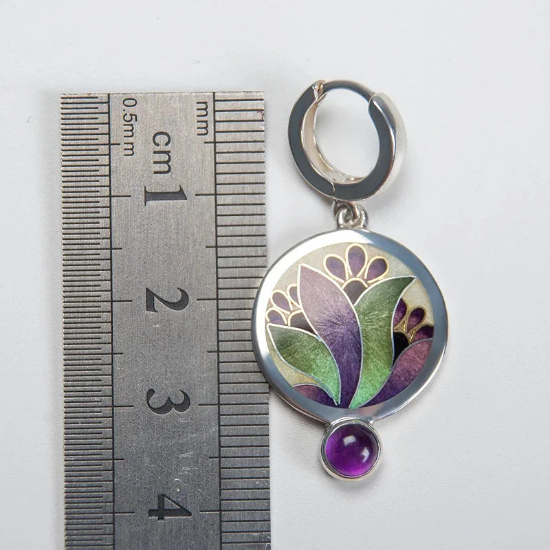 Pendientes Boho Cristal Esmaltado Morado con Piedras Preciosas Amatista