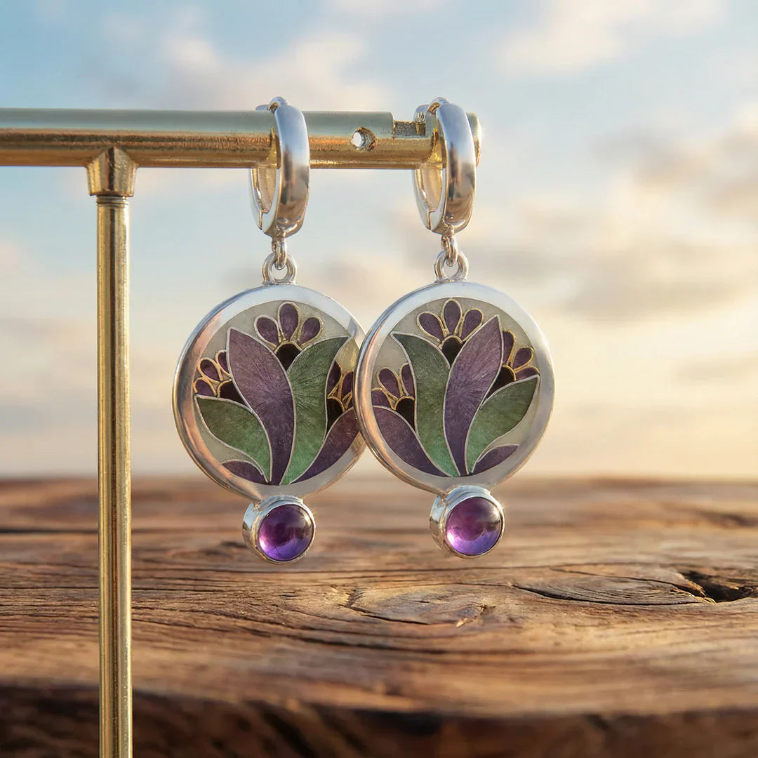 Pendientes Boho Cristal Esmaltado Morado con Piedras Preciosas Amatista