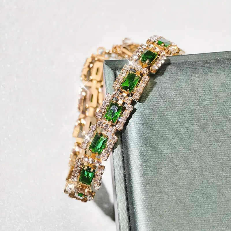 Pulsera glamorosa con circonita verde Esmeralda y cristales brillantes