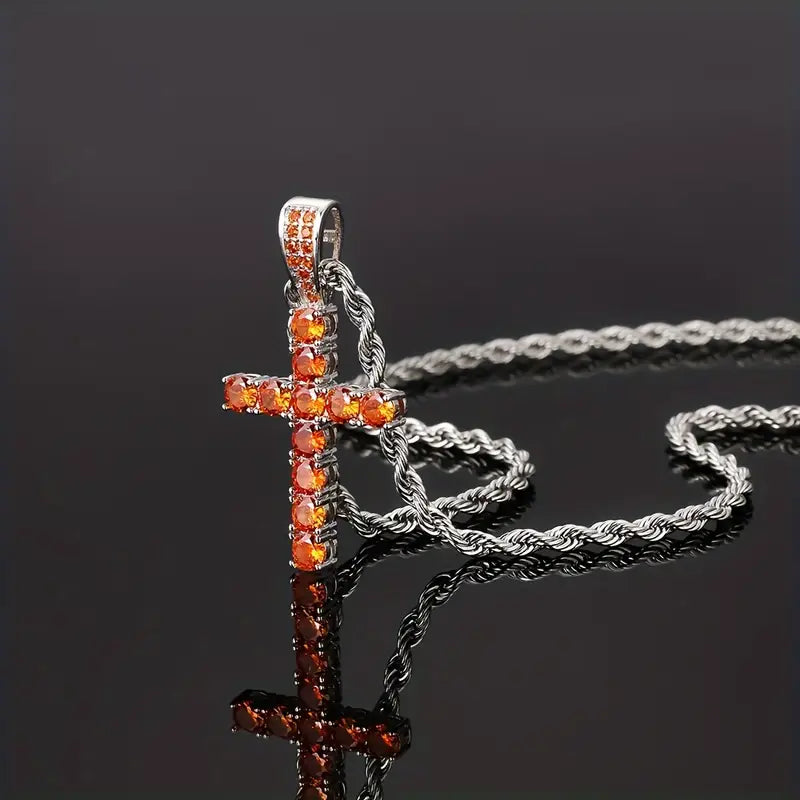 Collar con colgante de cruz brillante con circonitas y cadena de cordón