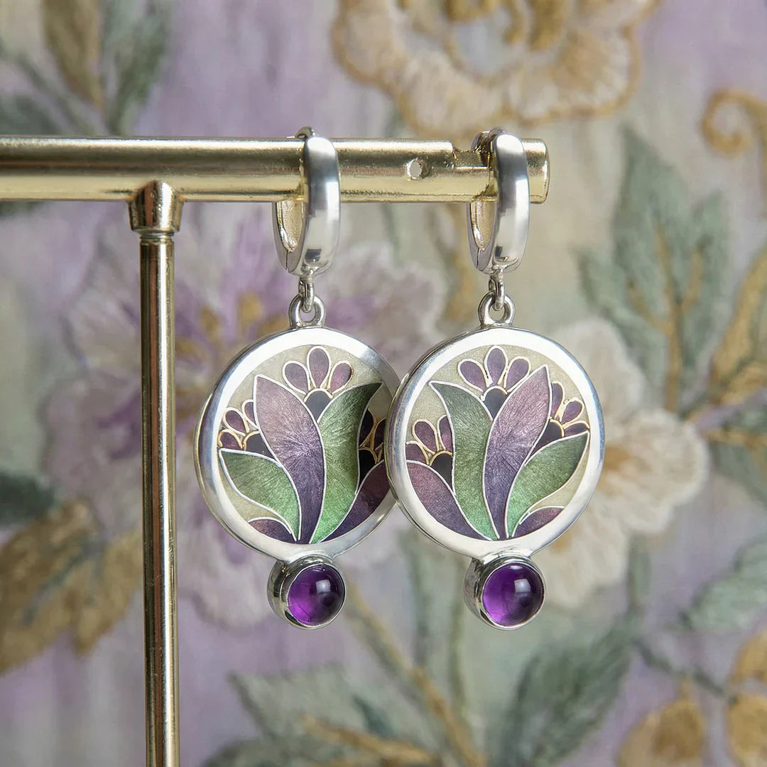 Pendientes Boho Cristal Esmaltado Morado con Piedras Preciosas Amatista