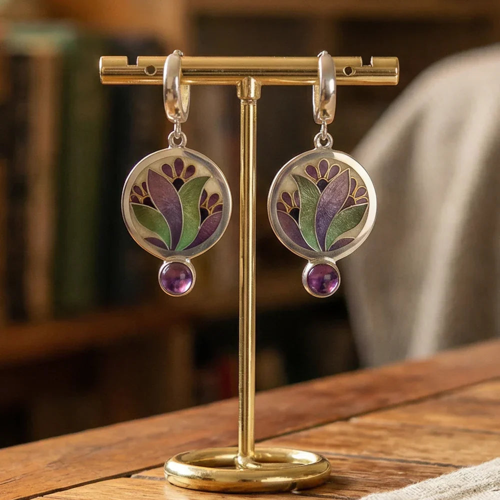 Pendientes Boho Cristal Esmaltado Morado con Piedras Preciosas Amatista