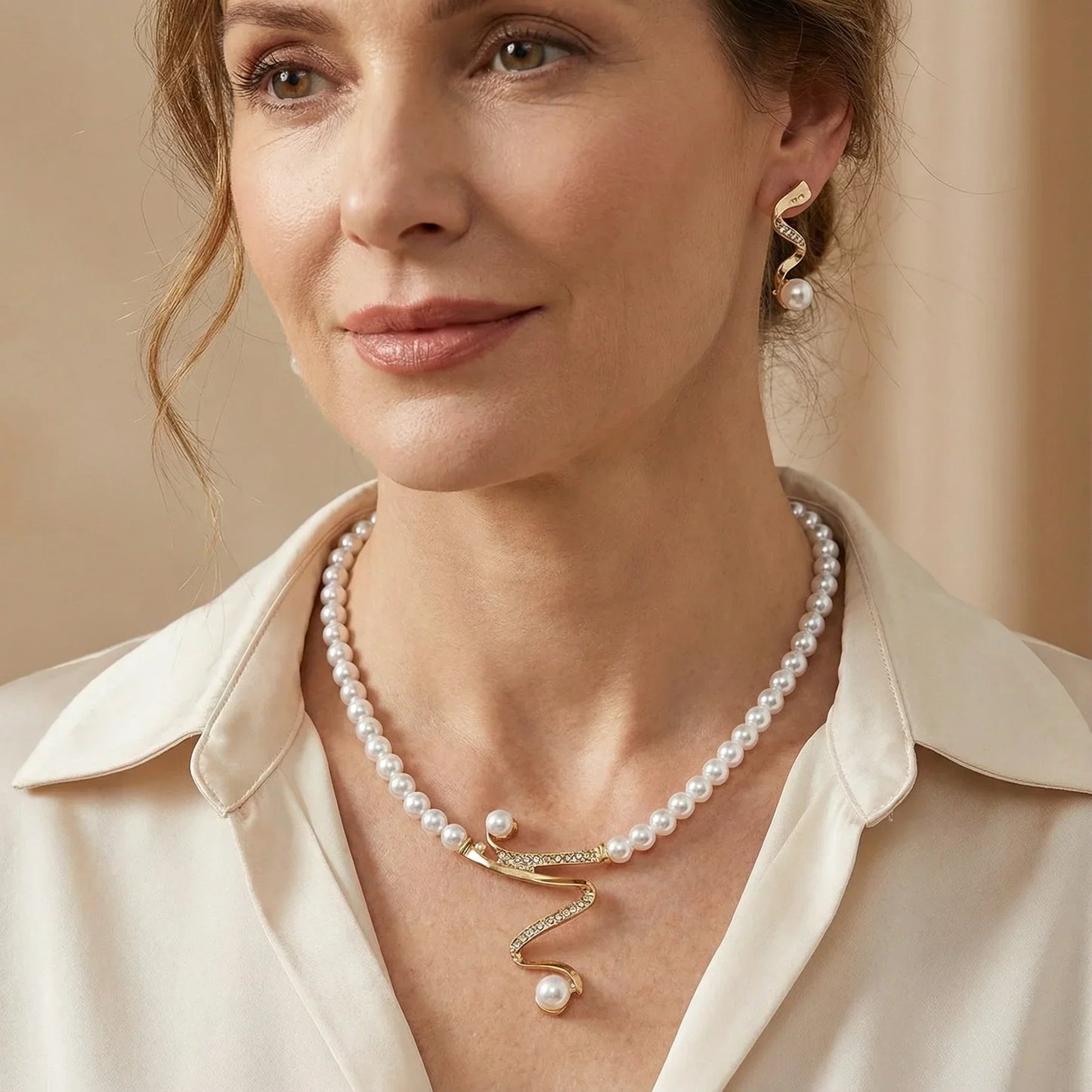 Elegante conjunto de joyas de perlas con adornos de circonita cúbica y diseño curvo