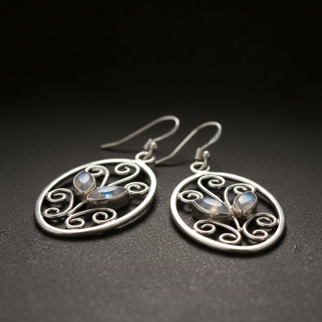 Pendientes de piedra lunar de plata de primera ley con zarcillos florales