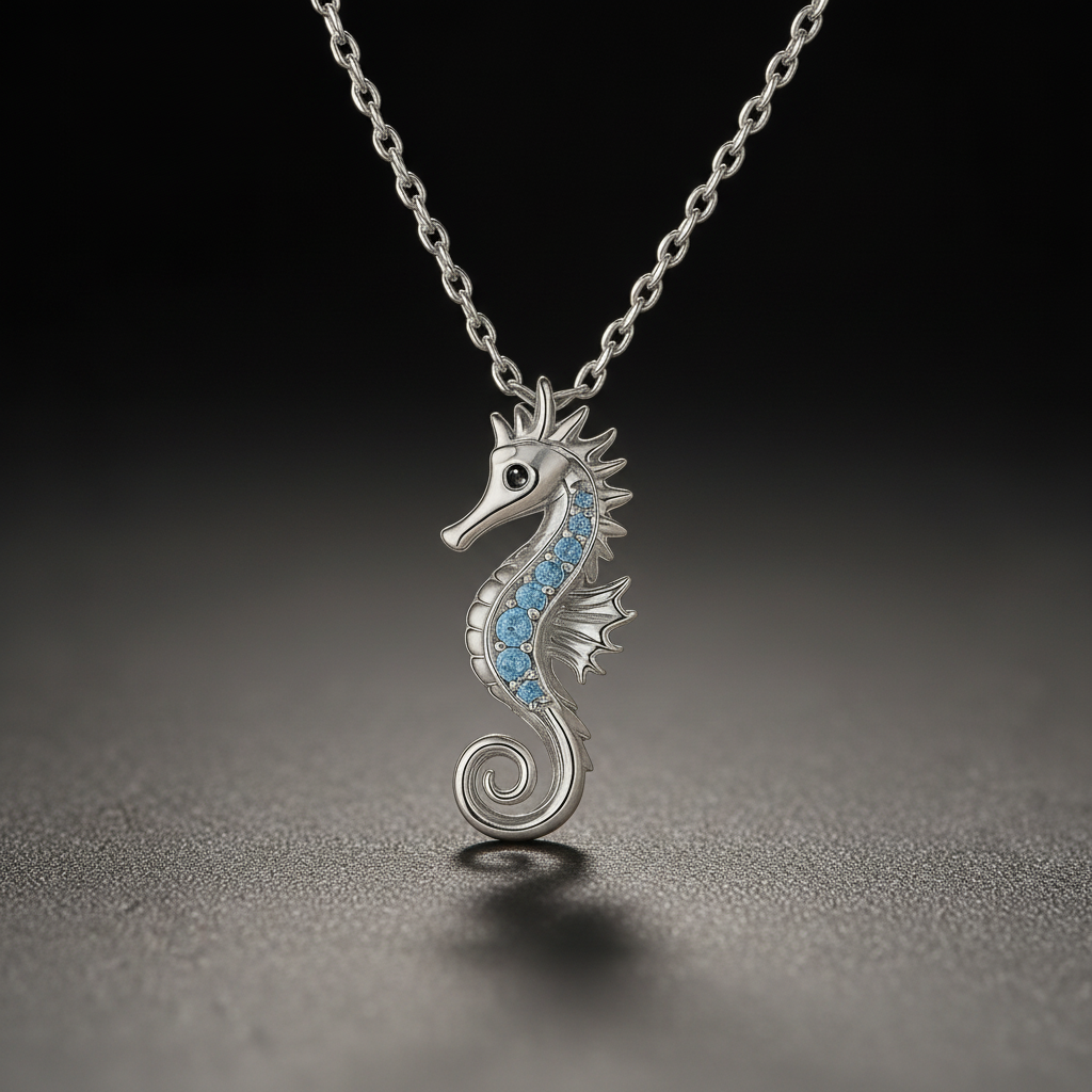 Collar de caballito de mar oceánico con brillantes piedras azules