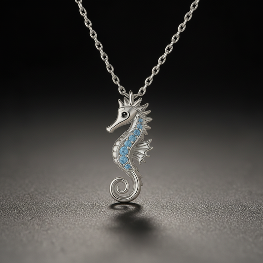 Collar de caballito de mar oceánico con brillantes piedras azules