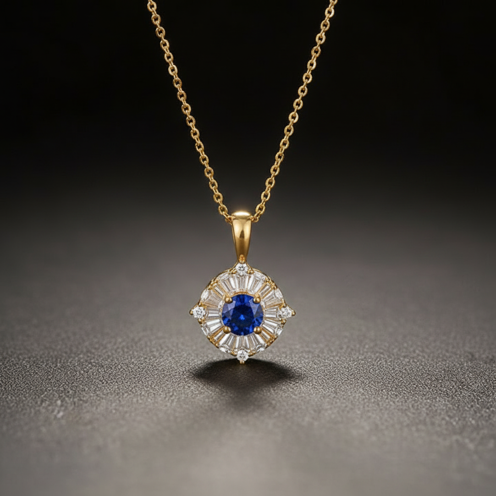 Elegante colgante de zafiro con diamantes y delicada cadena
