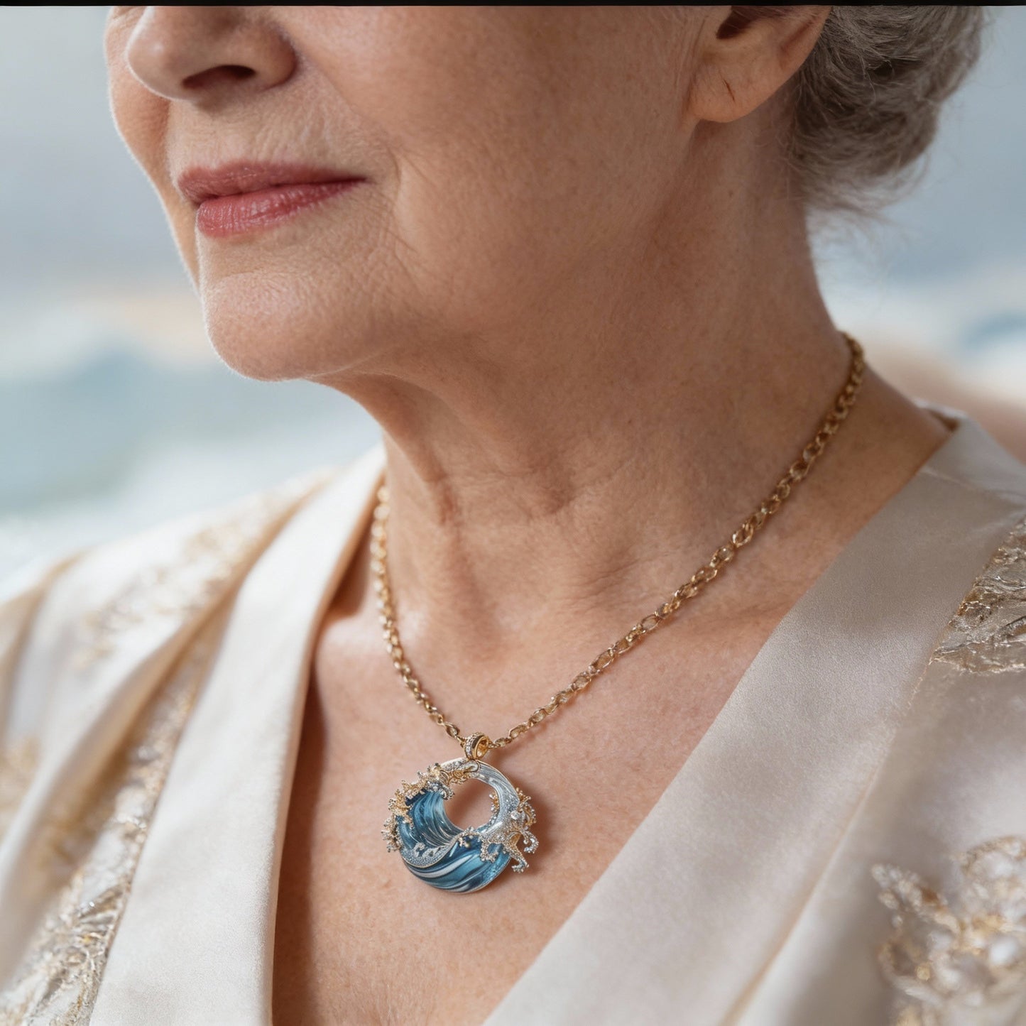 Collar único de olas del océano con brillantes cristales de aguamarina
