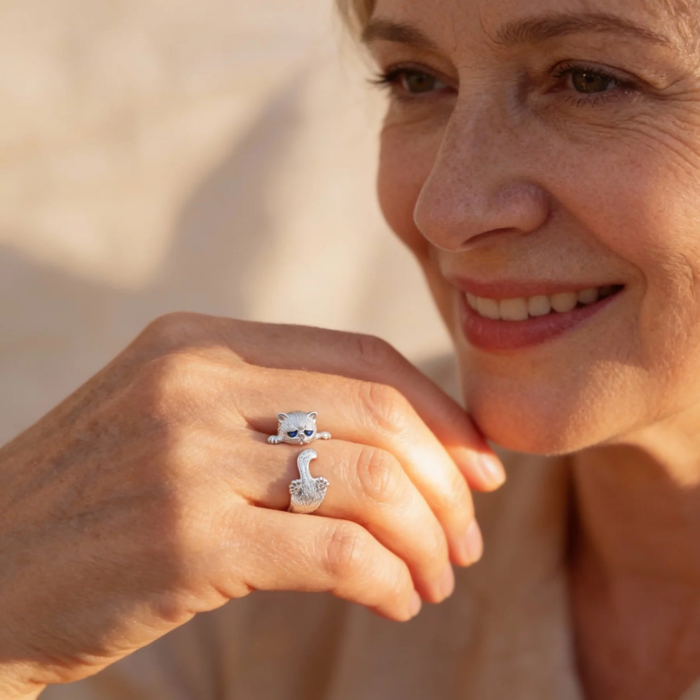 Anillo Ajustable de Plata con Gatito
