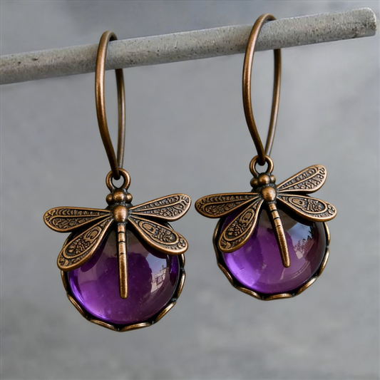 Pendientes de libélula de bronce antiguo con bolas de cristal de colores
