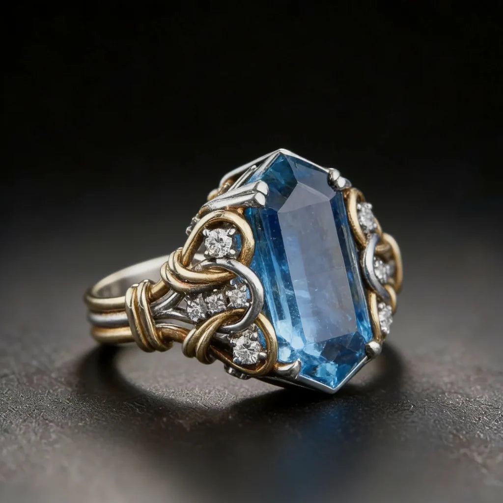 Anillo Vintage con Piedra Azul Topacio / Aguamarina