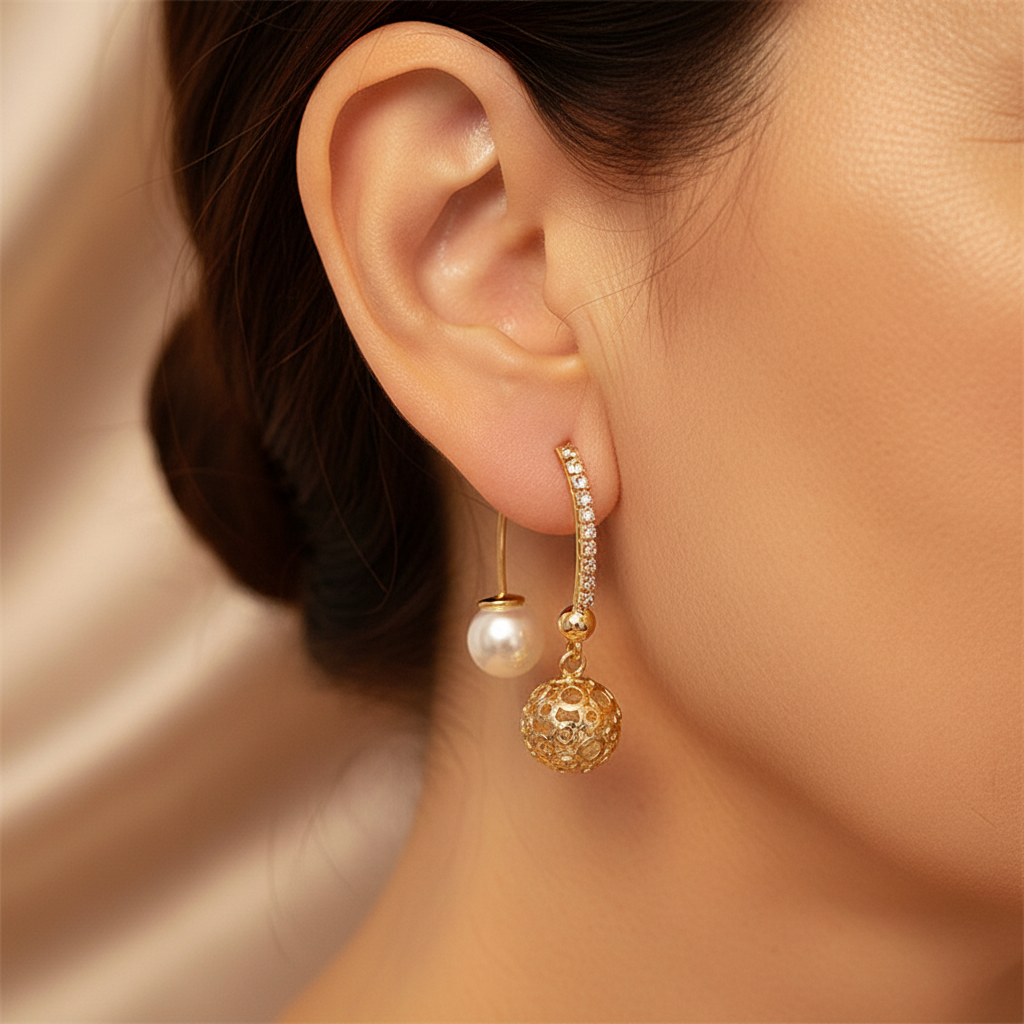 Pendientes de perlas elegantes con colgantes artísticos de bolas y circonitas brillantes