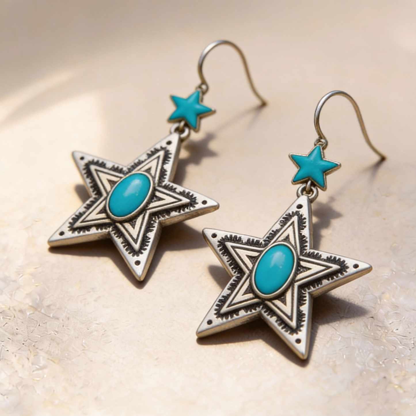 Pendientes colgantes estilo western con estrella turquesa para mujer