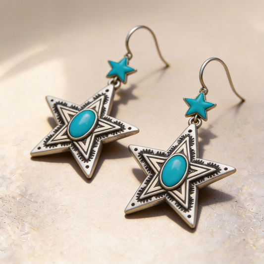 Pendientes colgantes estilo western con estrella turquesa para mujer