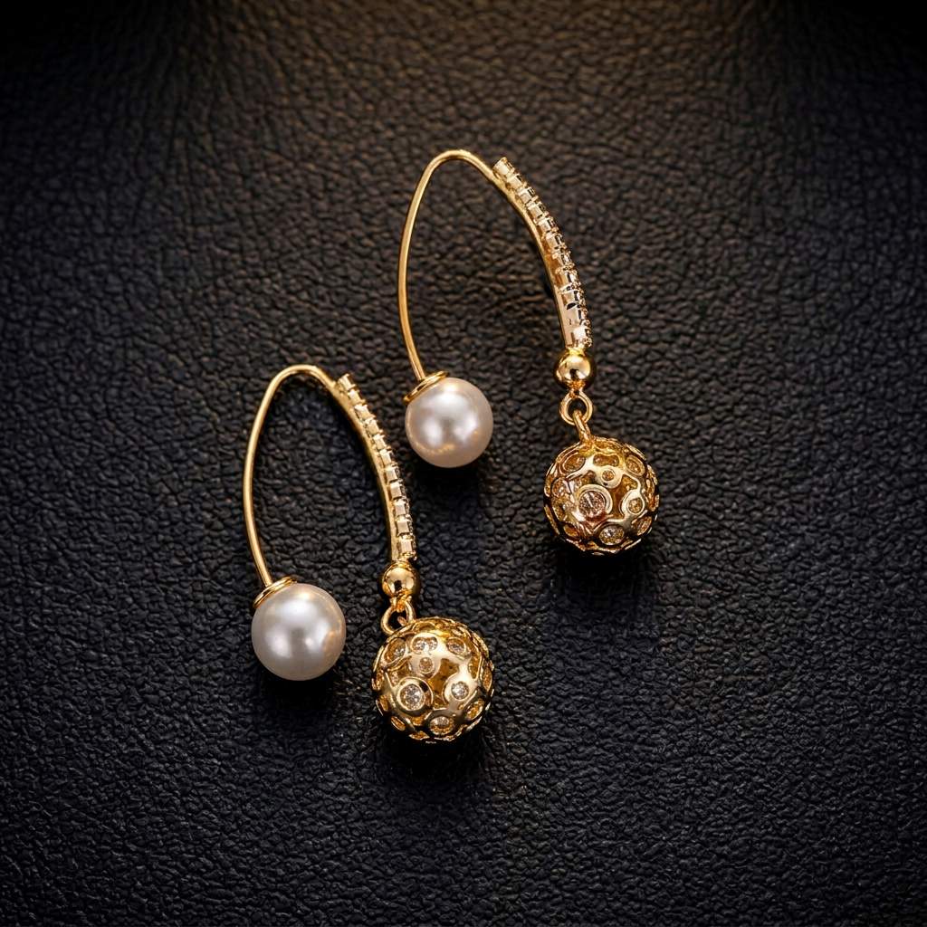 Pendientes de perlas elegantes con colgantes artísticos de bolas y circonitas brillantes