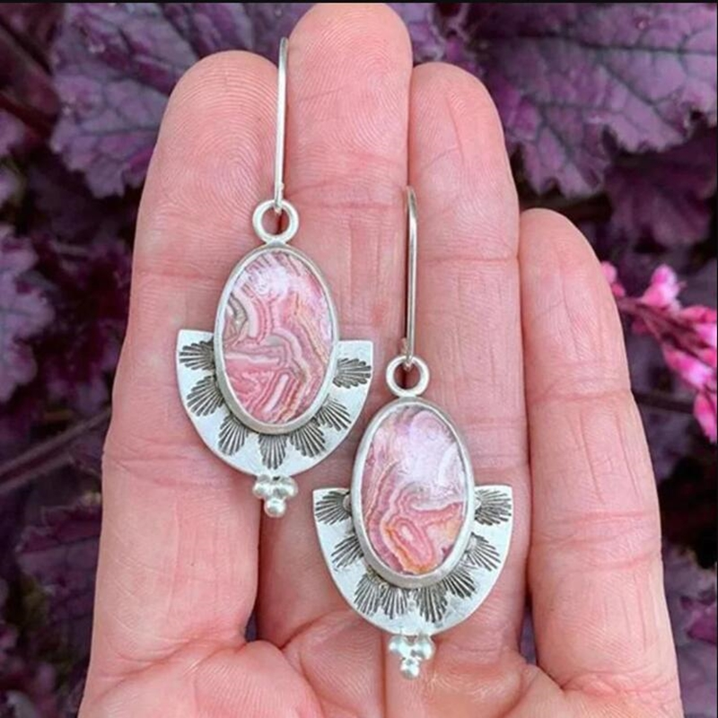 Pendientes colgantes de estilo tribal con piedras preciosas de ágata rosa vintage