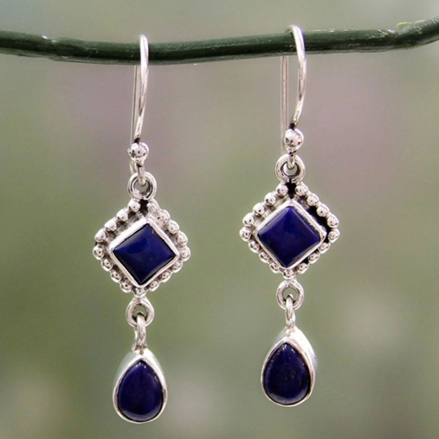 Pendientes colgantes de lapislázuli azul con piedras preciosas estilo diamante