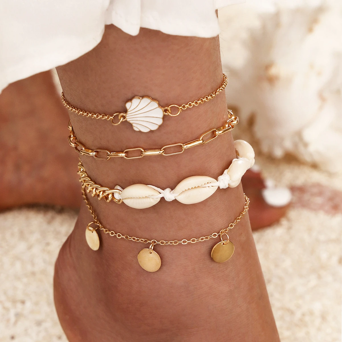 Conjunto de tobillera de conchas multicapa con charms para el verano