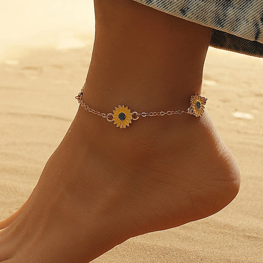 Tobillera delicada con divertidos colgantes de girasoles amarillos