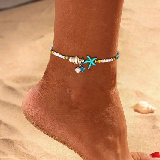 Tobillera de cuentas de playa con concha de estrella de mar y colgantes