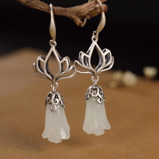 Pendientes vintage de jade de loto para mujer con diseño floral
