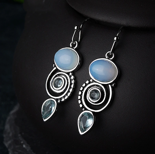 Pendientes boho vintage con gotas de piedra ópalo y circonitas azules