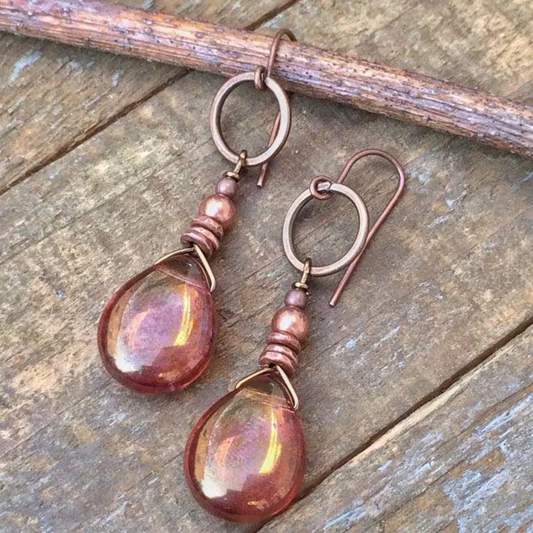 Pendientes color cobre con brillantes gotas de cristal vintage