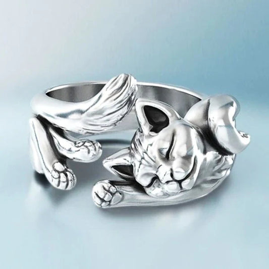 Anillo Ajustable de Acero Inoxidable – Diseño Gato Durmiente