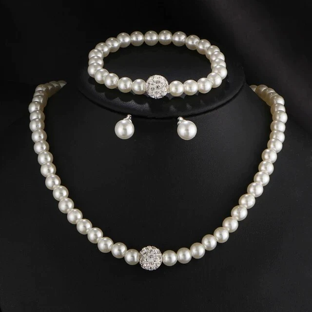 Elegante conjunto de joyas de perlas con brillantes bolas de diamantes de imitación para mujer