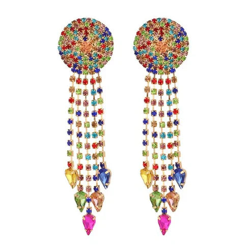 Pendientes llamativos de mandala coloridos con flecos largos de diamantes de imitación