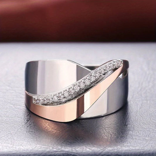 Anillo de Acero Inoxidable Bicolor con Circonitas