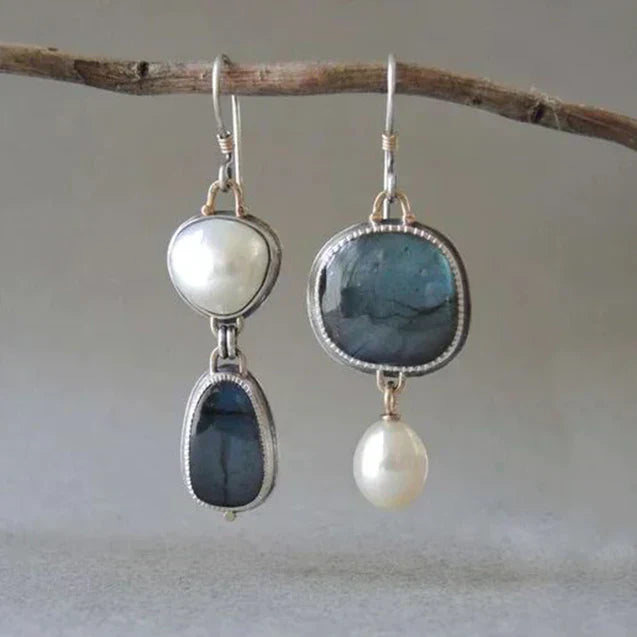 Pendientes vintage de piedras naturales con labradorita y perlas