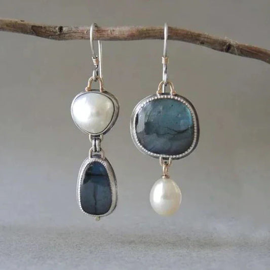 Pendientes vintage de piedras naturales con labradorita y perlas
